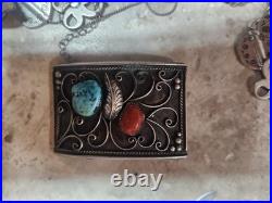 Vtg Sterling Silver Native American TURQUOISE / CORAL Belt Buckle