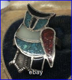 Vtg Sterling Silver Ring 925 Size 6.5 Native American Coral Turquoise Owl Bird