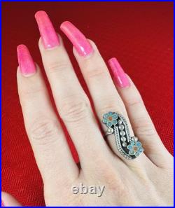 Vtg Zuni Dishta Turquoise Sterling Silver Cluster Inlay Coral Flower Ring 7.5
