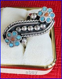 Vtg Zuni Dishta Turquoise Sterling Silver Cluster Inlay Coral Flower Ring 7.5