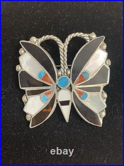 Vtg Zuni INLAY Sterling Silver, Coral, Onyx Native American