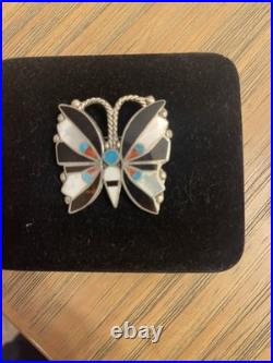 Vtg Zuni INLAY Sterling Silver, Coral, Onyx Native American