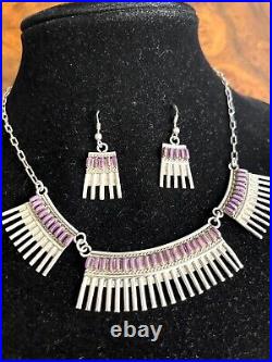 Vtg Zuni Native American Modernist Sterling Petit Needle Point Necklace Earrings