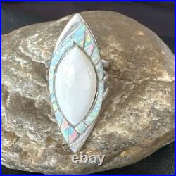 White Buffalo Turquoise Gilson Opal Navajo Sterling Silver Inlay Ring Size 10 White Buffalo Turquoise Gilson Opal Navajo Sterling Silver Inlay Ring Size 10