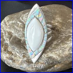 White Buffalo Turquoise Gilson Opal Navajo Sterling Silver Inlay Ring Size 10