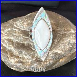 White Buffalo Turquoise Gilson Opal Navajo Sterling Silver Inlay Ring Size 10