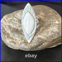 White Buffalo Turquoise Gilson Opal Navajo Sterling Silver Inlay Ring Size 10 White Buffalo Turquoise Gilson Opal Navajo Sterling Silver Inlay Ring Size 10