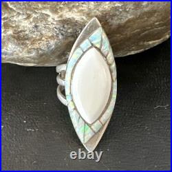White Buffalo Turquoise Gilson Opal Navajo Sterling Silver Inlay Ring Size 10
