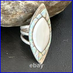 White Buffalo Turquoise Gilson Opal Navajo Sterling Silver Inlay Ring Size 10