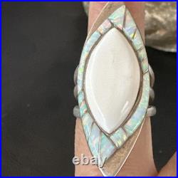 White Buffalo Turquoise Gilson Opal Navajo Sterling Silver Inlay Ring Size 10