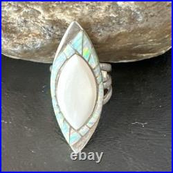 White Buffalo Turquoise Gilson Opal Navajo Sterling Silver Inlay Ring Size 10