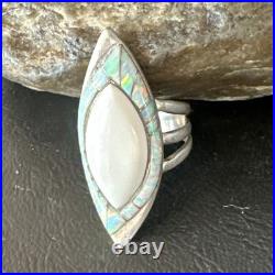 White Buffalo Turquoise Gilson Opal Navajo Sterling Silver Inlay Ring Size 10