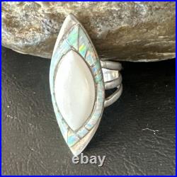 White Buffalo Turquoise Gilson Opal Navajo Sterling Silver Inlay Ring Size 10