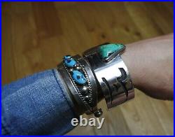 Wide Heavy Vintage Native American Hopi Sterling Turquoise Bracelet Large Size