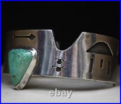 Wide Heavy Vintage Native American Hopi Sterling Turquoise Bracelet Large Size