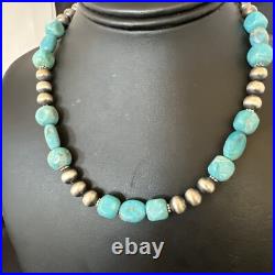 WoMens Blue Turquoise Nugget Navajo Pearls Sterling Silver Necklace 93416