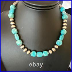 WoMens Blue Turquoise Nugget Navajo Pearls Sterling Silver Necklace 93416