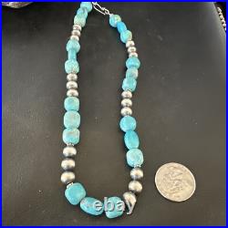 WoMens Blue Turquoise Nugget Navajo Pearls Sterling Silver Necklace 93416