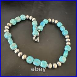 WoMens Blue Turquoise Nugget Navajo Pearls Sterling Silver Necklace 93416