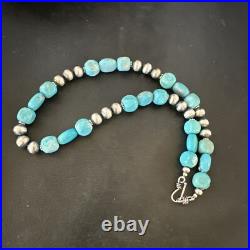 WoMens Blue Turquoise Nugget Navajo Pearls Sterling Silver Necklace 93416