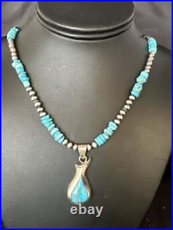 Women Kingman Turquoise Pendant Navajo Pearls Sterling Silver Necklace 14831