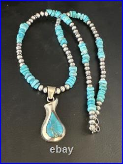 Women Kingman Turquoise Pendant Navajo Pearls Sterling Silver Necklace 14831