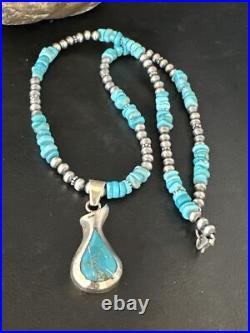 Women Kingman Turquoise Pendant Navajo Pearls Sterling Silver Necklace 14831