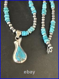 Women Kingman Turquoise Pendant Navajo Pearls Sterling Silver Necklace 14831