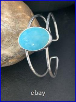 Womens Blue Kingman Turquoise Navajo Sterling Silver Wire Cuff Bracelet 14068