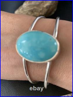 Womens Blue Kingman Turquoise Navajo Sterling Silver Wire Cuff Bracelet 14068
