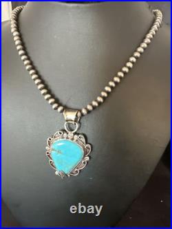 Womens Blue Turquoise Pendant Navajo Pearls Sterling Silver Necklace 15638