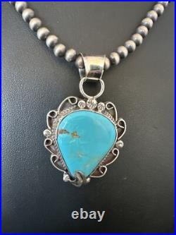 Womens Blue Turquoise Pendant Navajo Pearls Sterling Silver Necklace 15638