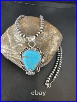Womens Blue Turquoise Pendant Navajo Pearls Sterling Silver Necklace 15638