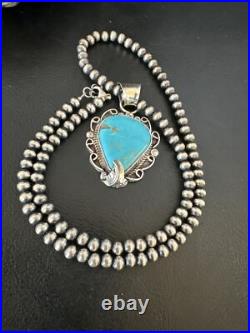 Womens Blue Turquoise Pendant Navajo Pearls Sterling Silver Necklace 15638
