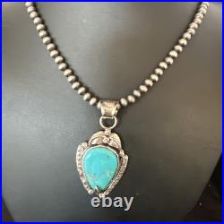 Womens Blue Turquoise Pendant Navajo Pearls Sterling Silver Necklace 15646