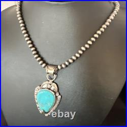 Womens Blue Turquoise Pendant Navajo Pearls Sterling Silver Necklace 15646
