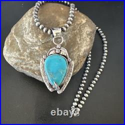 Womens Blue Turquoise Pendant Navajo Pearls Sterling Silver Necklace 15646