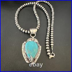 Womens Blue Turquoise Pendant Navajo Pearls Sterling Silver Necklace 15646