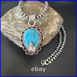 Womens Blue Turquoise Pendant Navajo Pearls Sterling Silver Necklace 15651