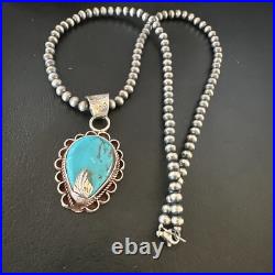 Womens Blue Turquoise Pendant Navajo Pearls Sterling Silver Necklace 15651