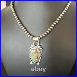 Womens Blue Turquoise Pendant Navajo Pearls Sterling Silver Necklace 15657