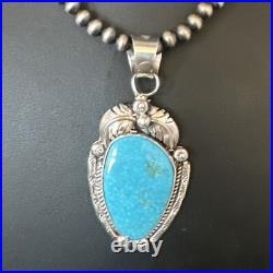 Womens Kingman Turquoise Pendant Navajo Pearls Sterling Silver Necklace 15210