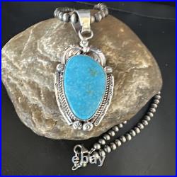 Womens Kingman Turquoise Pendant Navajo Pearls Sterling Silver Necklace 15210
