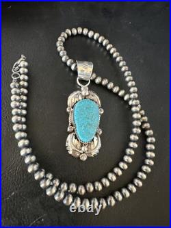 Womens Kingman Turquoise Pendant Navajo Pearls Sterling Silver Necklace 15217