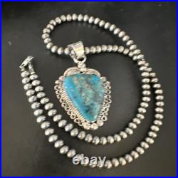 Womens Kingman Turquoise Pendant Navajo Pearls Sterling Silver Necklace 15220