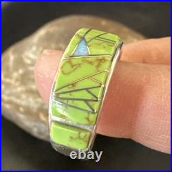 Womens Rare Green Gaspeite Sterling Silver Band Inlay Ring Size 9.5 19149