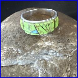 Womens Rare Green Gaspeite Sterling Silver Band Inlay Ring Size 9.5 19149