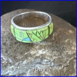 Womens Rare Green Gaspeite Sterling Silver Band Inlay Ring Size 9.5 19149