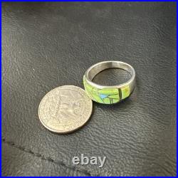 Womens Rare Green Gaspeite Sterling Silver Band Inlay Ring Size 9.5 19149