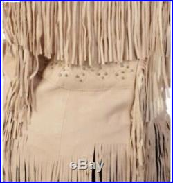 Womens Suede Leather Beige Fringe Native American Western Style Cowboy Jacket